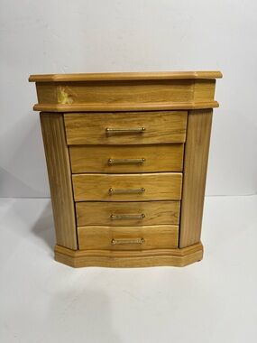 Vintage Standing Oak Wood Jewelry Box Armoire